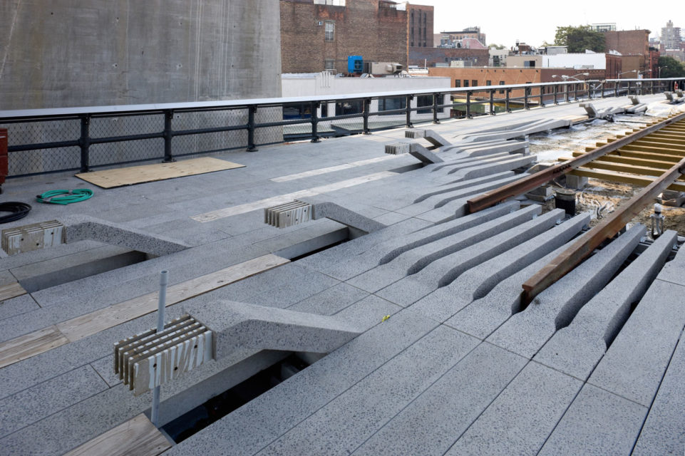 Close up of a grid of concrete planks constructing the High Line's surface.