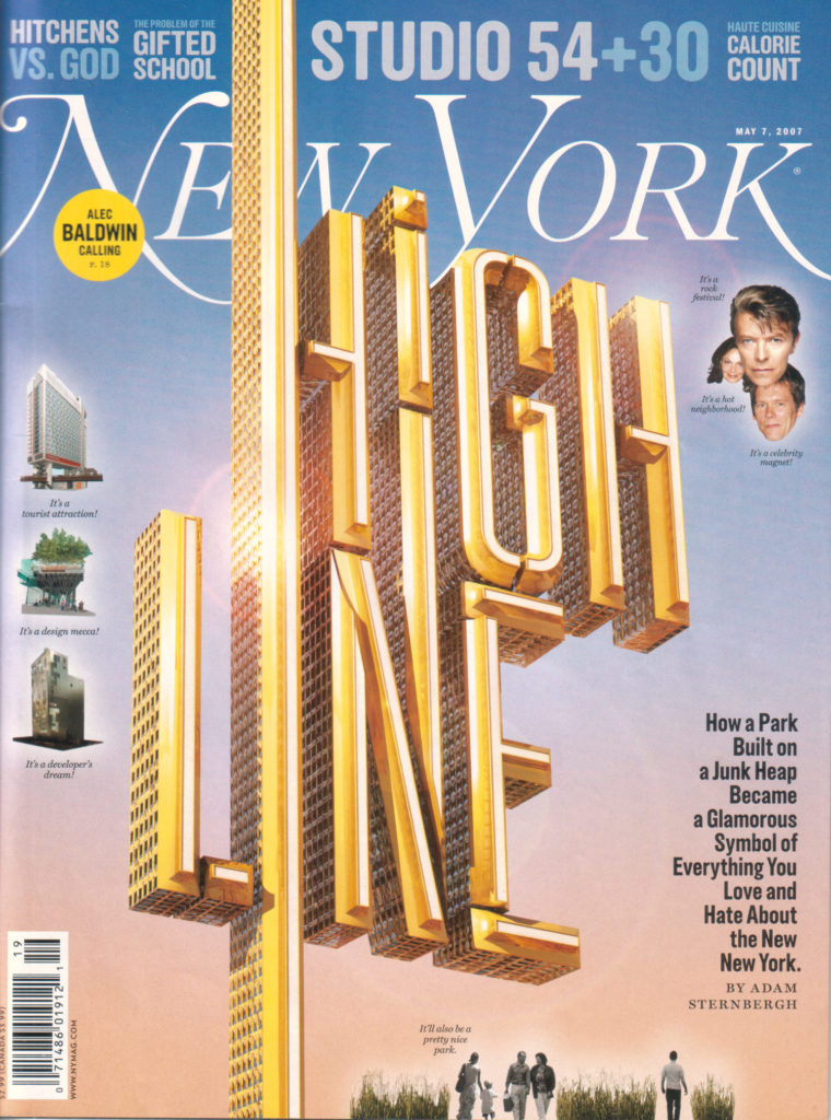 Cover Art Illustration of the words High Line makike up a golden skyscraper for New York Magazine, May 7, 2007