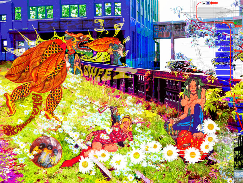 A photo illustration with people, flowers, and a dragon superimposed on the High Line: ideas competition entry by John Cleater/Detour