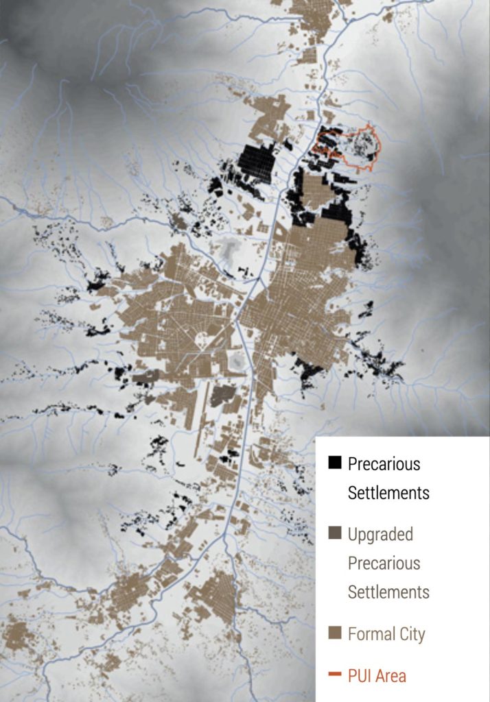 A map of precarious settlements vs. the formal city in 1970. The PUI Area is marked with a red line in the northeast.