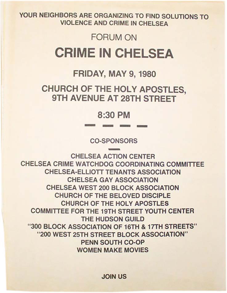 Pamplet advertising a forum on crime in Chelsea on May 9, 1980