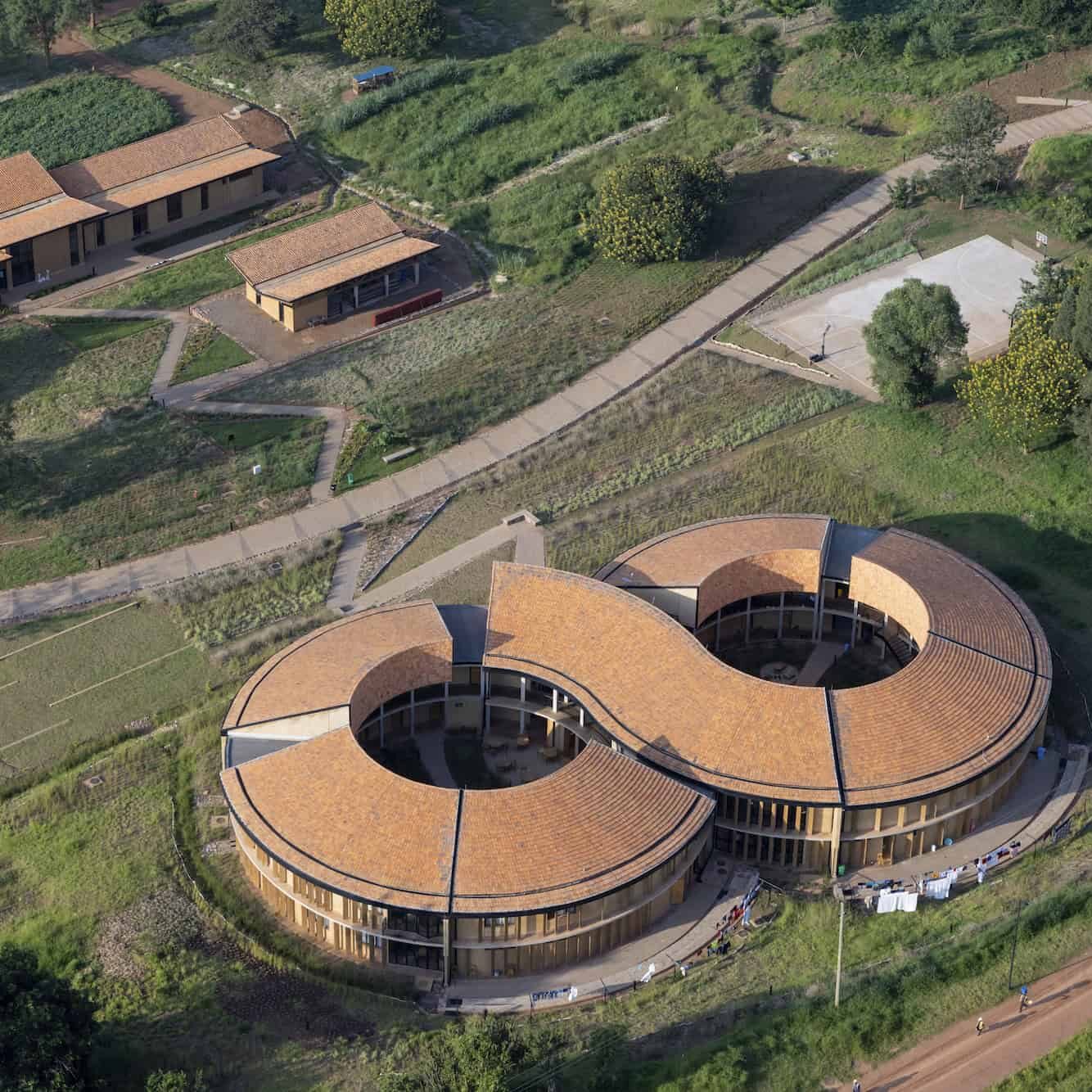 Overhead view of a building shaped like an infinity symbol on the RICA campus.