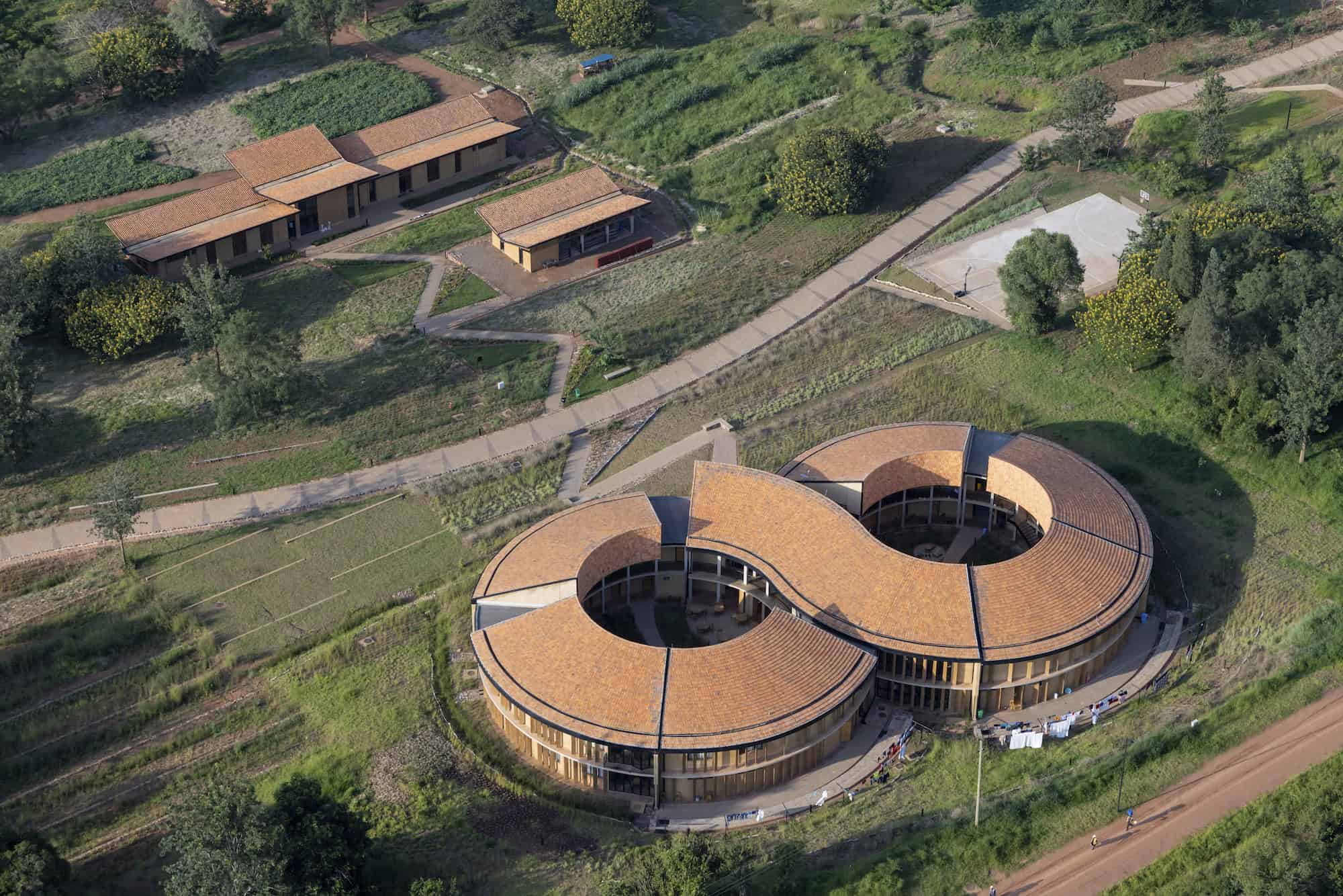 Overhead view of a building shaped like an infinity symbol on the RICA campus.